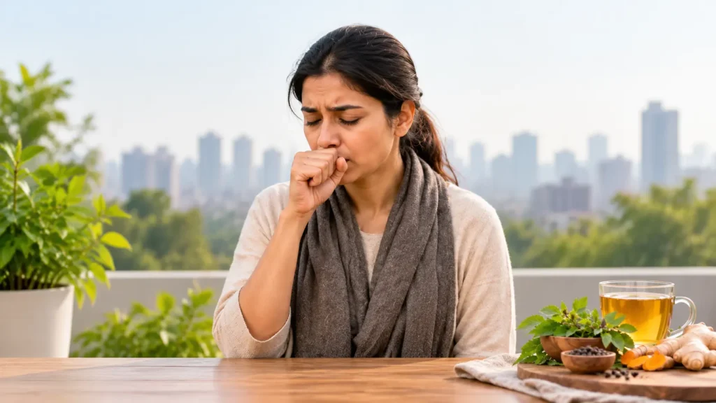 Indian woman coughing due to dust allergy and air pollution, with herbal tea, tulsi leaves, ginger, and turmeric as natural home remedies for cough relief.